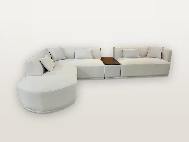 Kırık beyaz bukle kumaşlı, yuvarlak uçlu köşe takımı